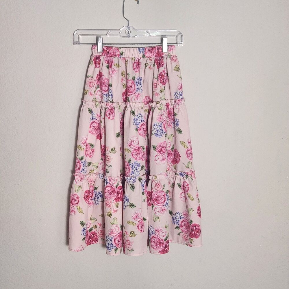 SHEIN Girls 10Y Pink Floral Tiered Midi Skirt Elastic Waist Cottagecore Boho